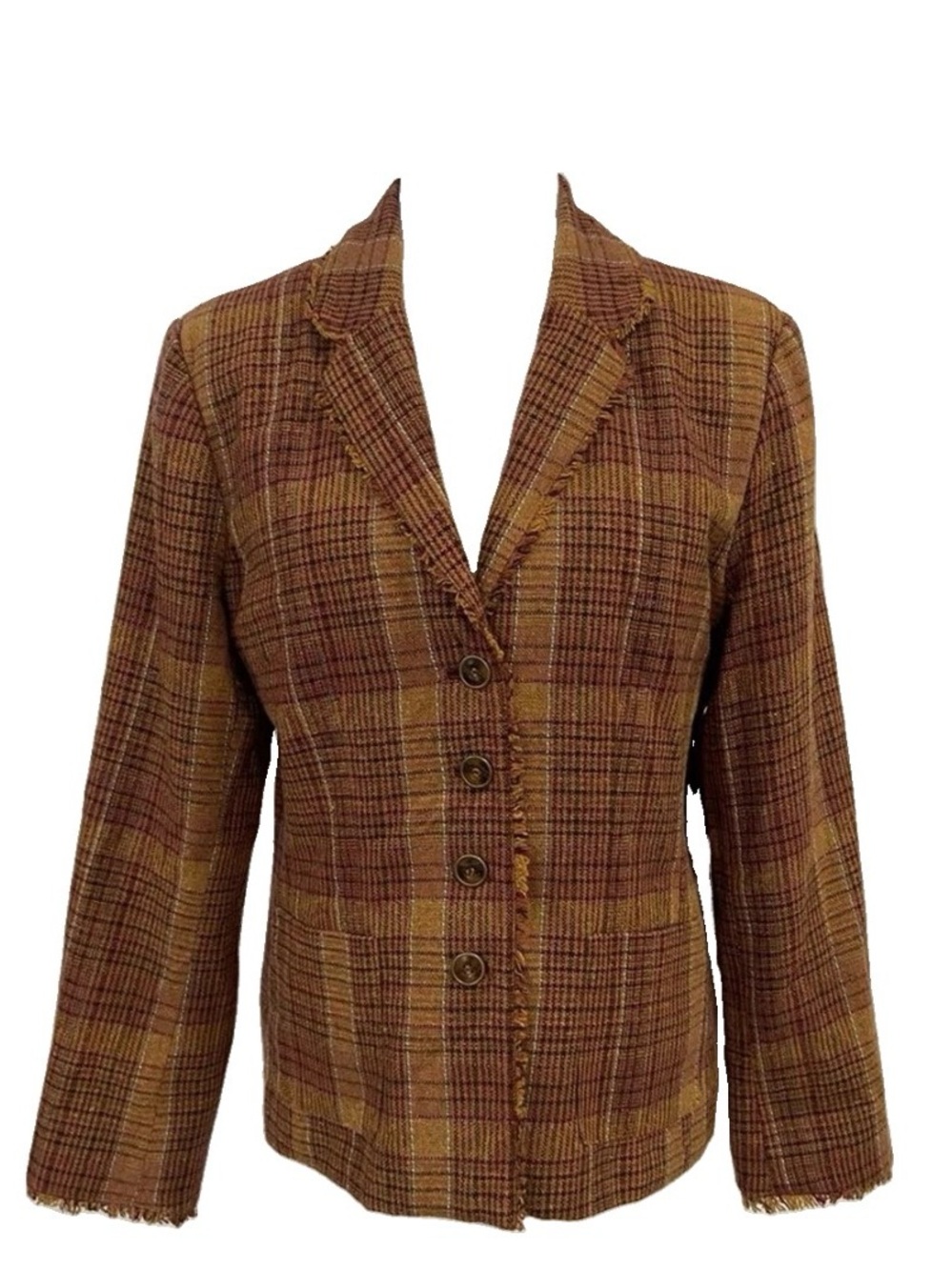 Vintage dark academia Button-Down Plaid Tweed Blazer with Frayed Trim Size P10